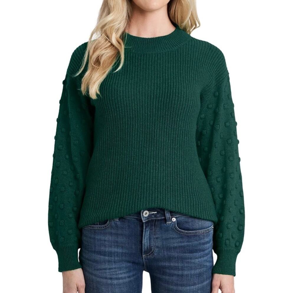 CeCe Green Ribbed Bobble Sleeve Crewneck Sweater Size 1X XL Swiss Dot
